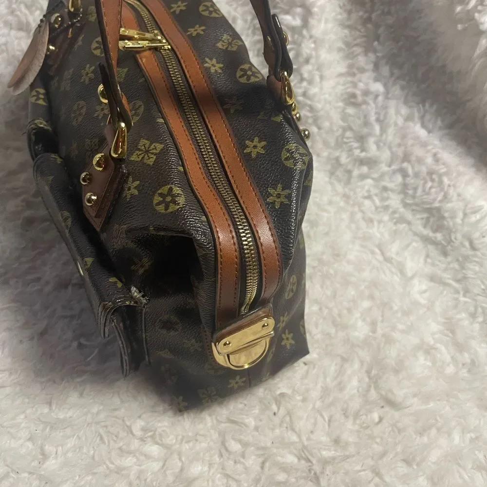 Los Angeles USA synthetic Brown & Gold Patterned Satchel Bag with brown straps